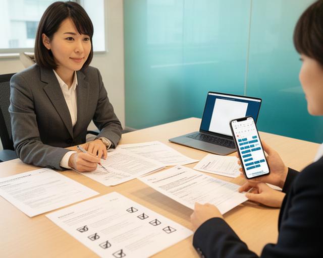 採用担当者が応募書類と求人要件を確認し、候補者との面接日程を調整している様子