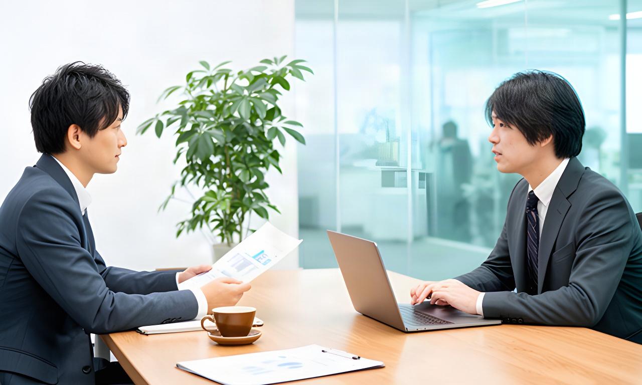 中小企業の経営者が支援担当者に生成AIの社内利用について相談する打ち合わせ