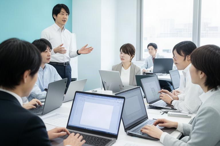 社員が講師の説明を聞き、実際の業務を題材に生成AIの操作を練習する研修風景