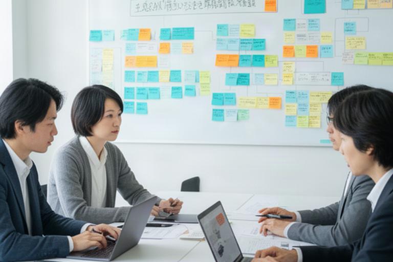 社員が文書作成や問い合わせ対応などの業務を付箋で整理する会議室