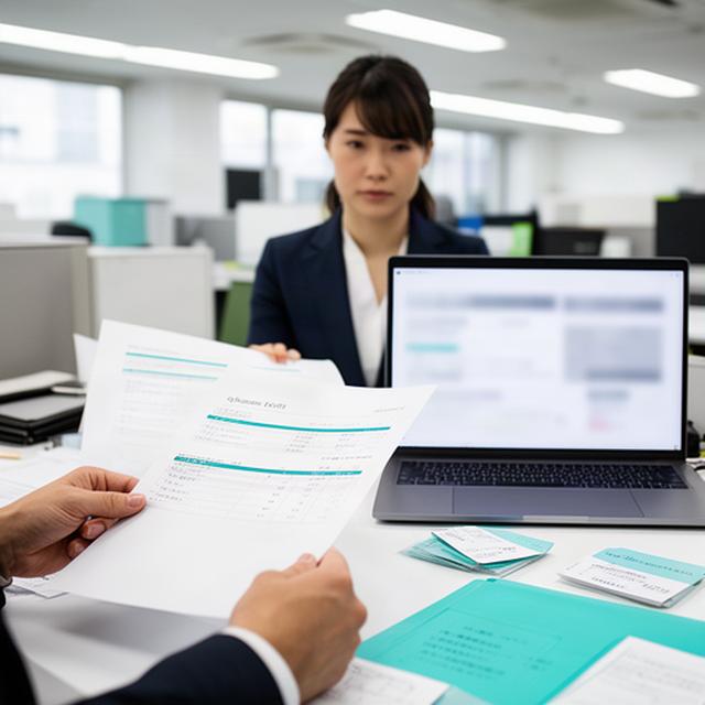 受注内容と見積書を照らし合わせ、業務フローの改善点を探すオフィス担当者