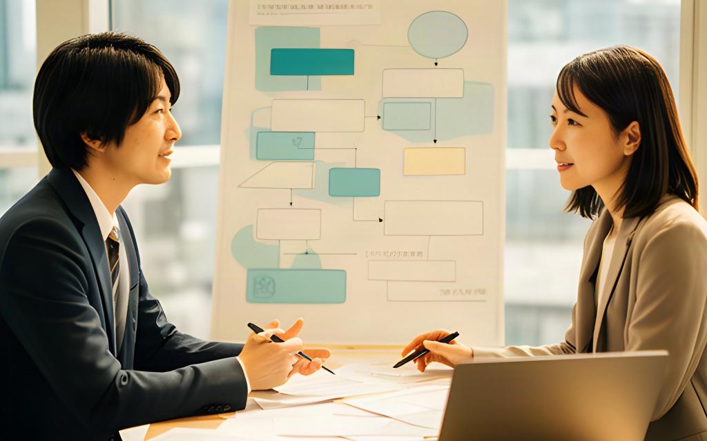 有明の打ち合わせスペースで、相談者と担当者が業務上の課題を資料に沿って整理する様子